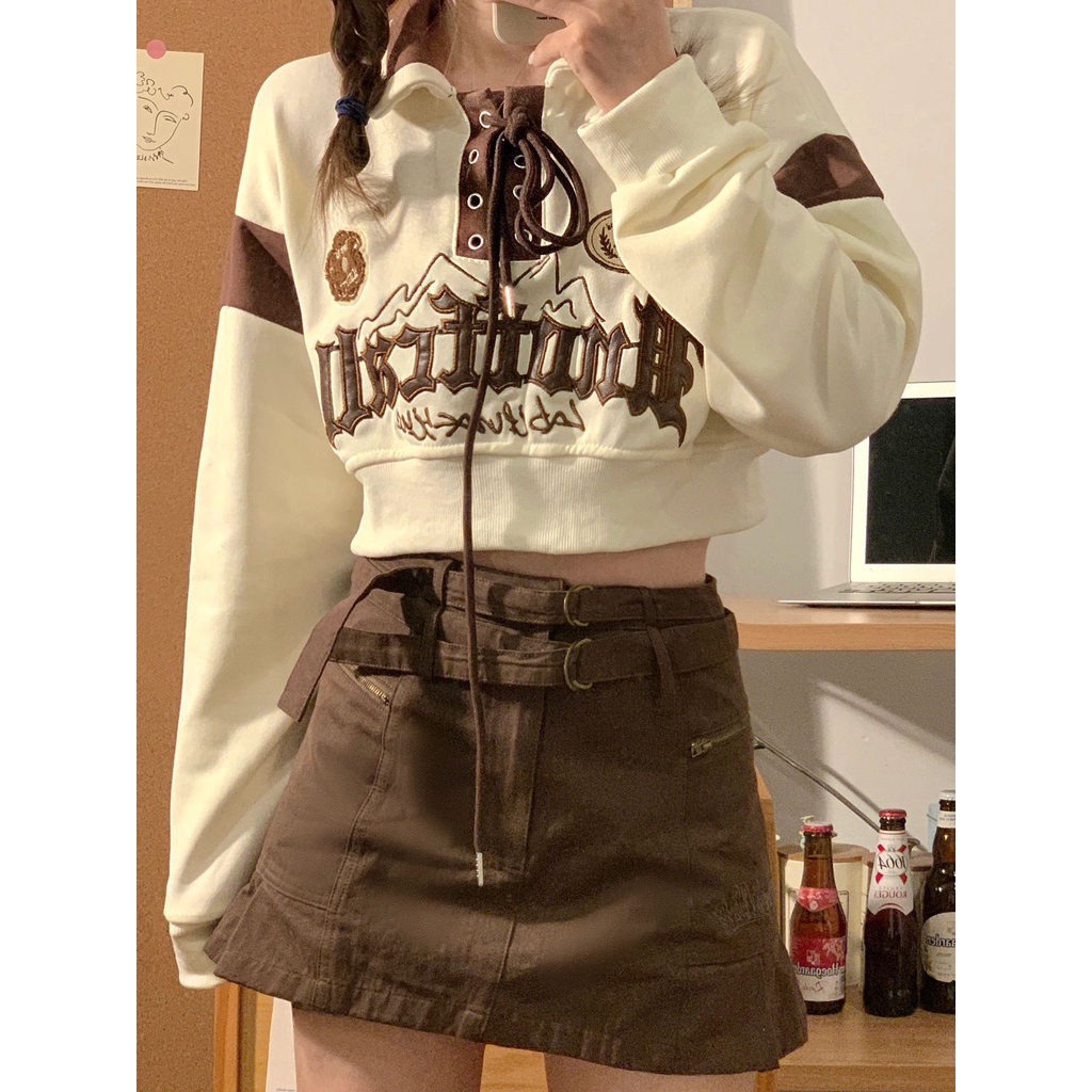 Áo Sweater Lông Ngắn Hở Rốn Thêu Chữ Phong Cách Đường Phố Gia Vị Chiên Retro Mỹ Dành Cho Bạn Nữ