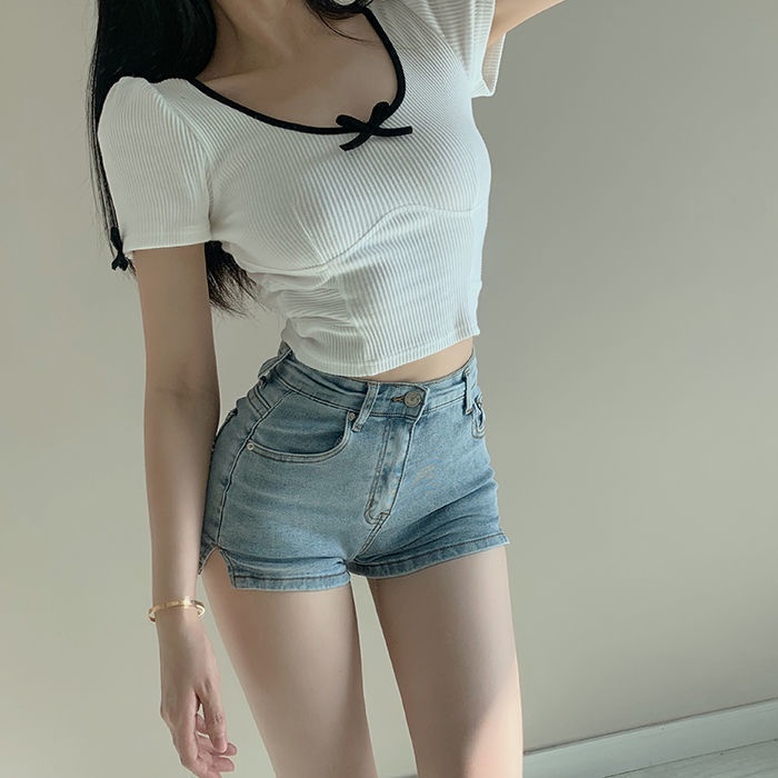 Quần Short Denim Lưng Cao Dáng Chữ A Màu Xanh Nhạt Thời Trang Mùa Hè Mới Cho Nữ