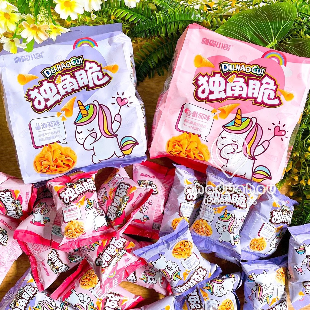 Một gói snack/ bimbim xoắn ốc hình Ngựa Bảy Màu Unicorn Hongkong gói lớn 200gam gồm 10 gói nhỏ