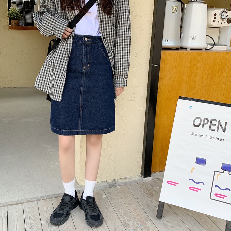 CHÂN VÁY JEANS / MIDI SKIRT DENIM CẠP CAO XẺ TÀ SAU TRƠN DÁNG CHỮ A HÀN QUỐC