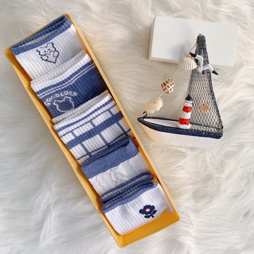 Tất Vớ Dài Nữ Hình Gấu Caro Xanh Blue dễ thương, thấm hút, giá siêu rẻ mềm