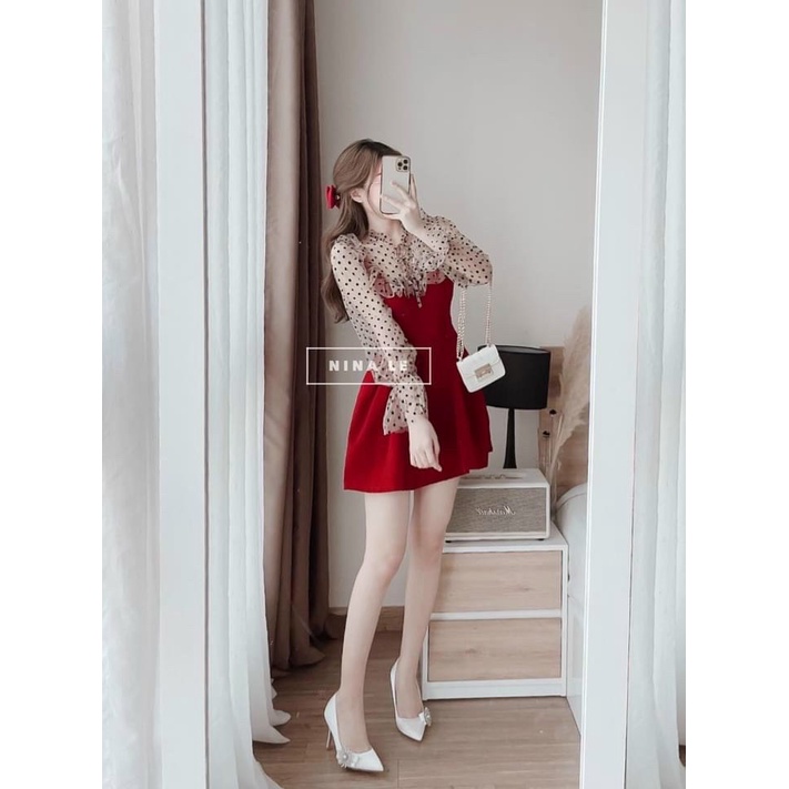 Đầm tay dài phối lưới chấm bi dáng xòe dễ thương phù hợp đi tiệc đi chơi siêu xinh thời trang nữ STCothing