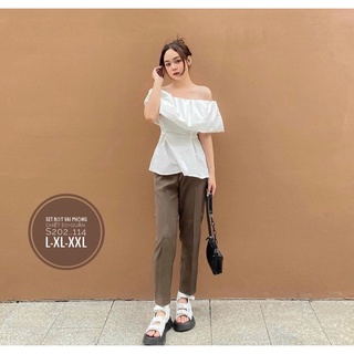 Bigsize set áo rớt vai chiết li eo + quần Tây baggy (55-85kg) dể thương,sang chảnh,đi làm,đi chơi đều phù hợp