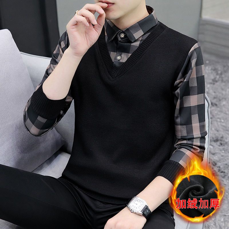 # Áo Khoác Nam# Cổ Áo Sơ Mi Giả Hai Lớp Thời Trang Thu Đông Cho Nam# Áo Sweater Dệt Kim Phong Cách Thời Trang Hàn Quốc