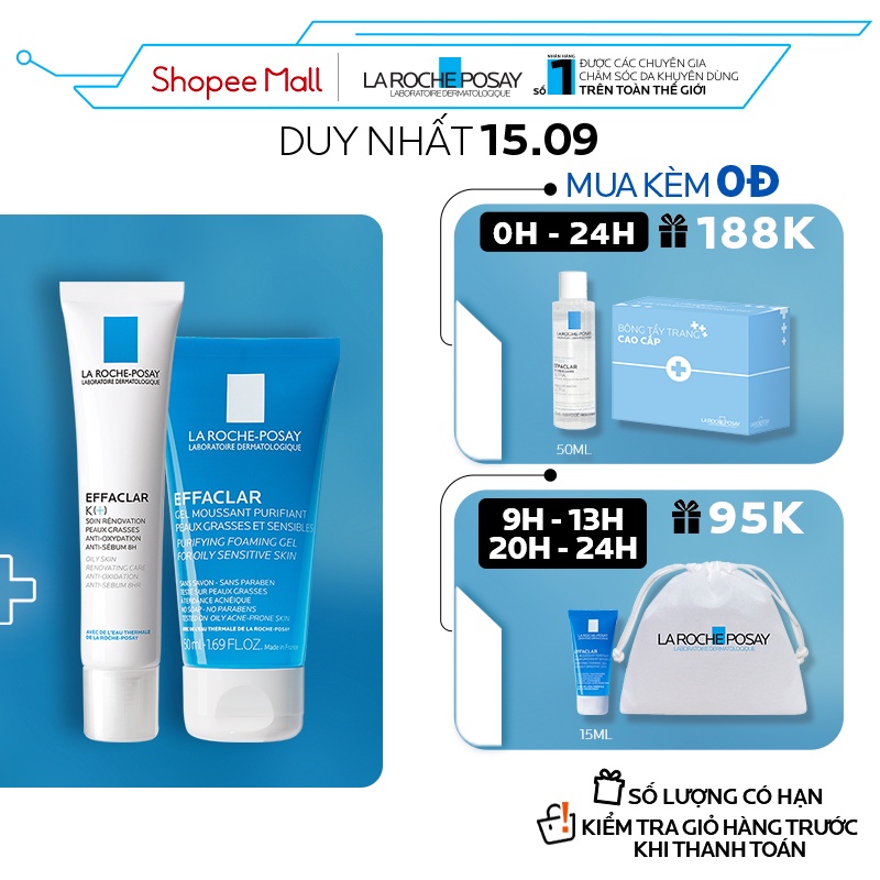 Bộ đôi kem dưỡng giúp giảm mụn đầu đen, bóng nhờn La Roche-Posay EffaclarK+ 40ml và Gel rửa mặt dành cho da dầu nhạy cảm