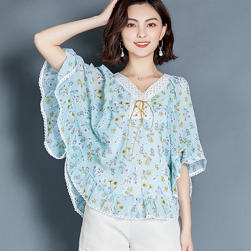 Áo Kiểu Cổ Chữ V Tay Ngắn Phối Bèo Họa Tiết Hoa Thời Trang Mùa Hè Cho Nữ