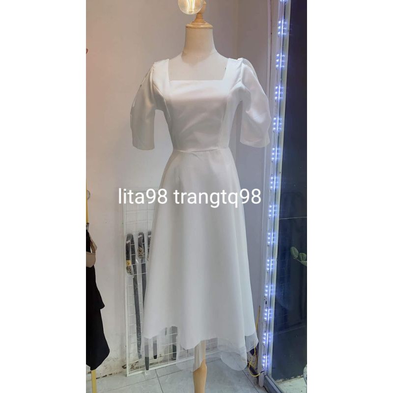 váy trắng cô dâu, váy cưới công chúa dự tiệc cổ vuông khoét lưng thắt nơ sẵn size S, M kèm ảnh thật MS022 | BigBuy360 - bigbuy360.vn