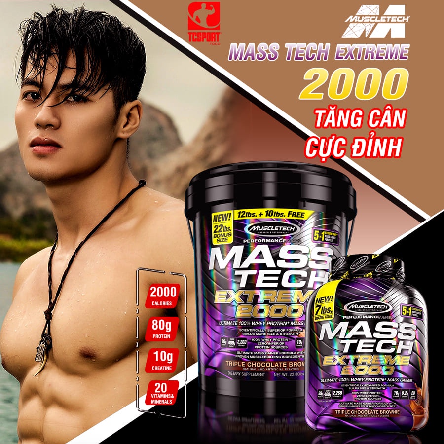 Sữa tăng cân Mass Tech Extreme 2000 7lbs (3.18Kg) - Muscletech USA - Mùi Chocolate, Vani - Kèm quà tặng