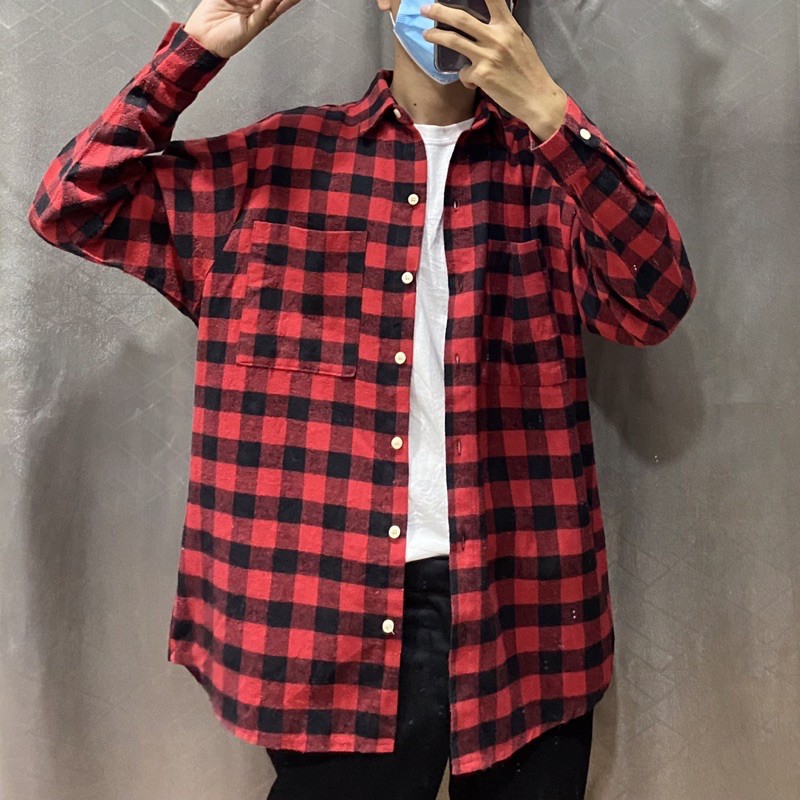 2HAND - ÁO SƠ MI FLANNEL KẺ CARO SIZE L MÀU ĐỎ ĐEN BASIC DỄ MẶC