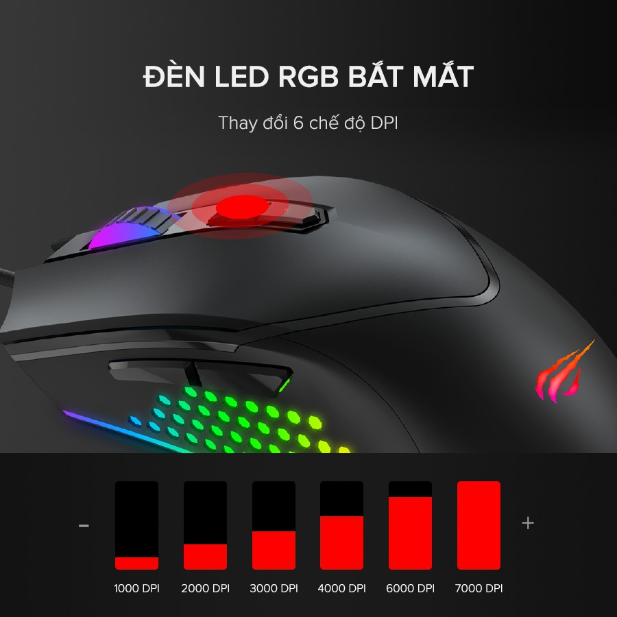 Chuột Gaming HAVIT MS814, 16 Triệu Màu RGB, 6 Chế Độ DPI, Tích Hợp 7 Nút Điều Chỉnh - Chính Hãng BH 12 Tháng Dizigear