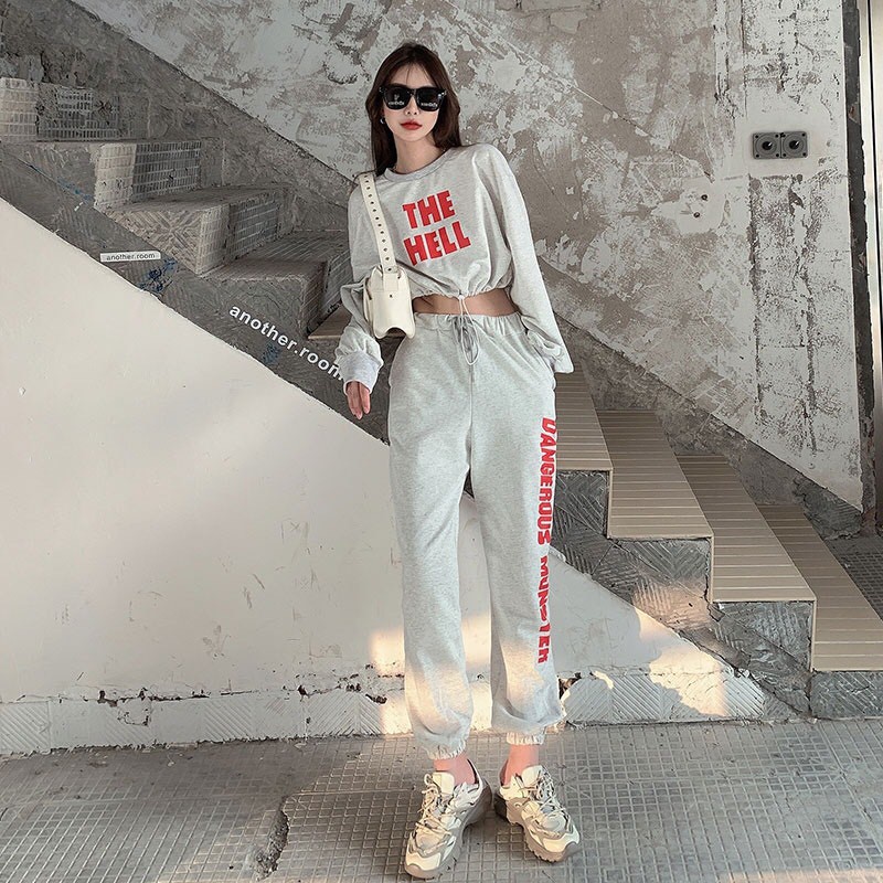 Bộ Nỉ Quần Jogger Monster + Áo Sweater The Hell Tay Dài Dây Rút Mặc 2 Kiểu Suông Bo Hot