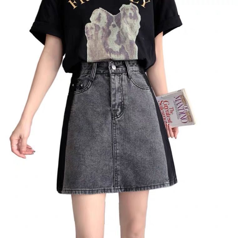 COZOK Chân váy jean Lưng Cao Dáng Rộng Phối Màu Tương Phản Cá Tính