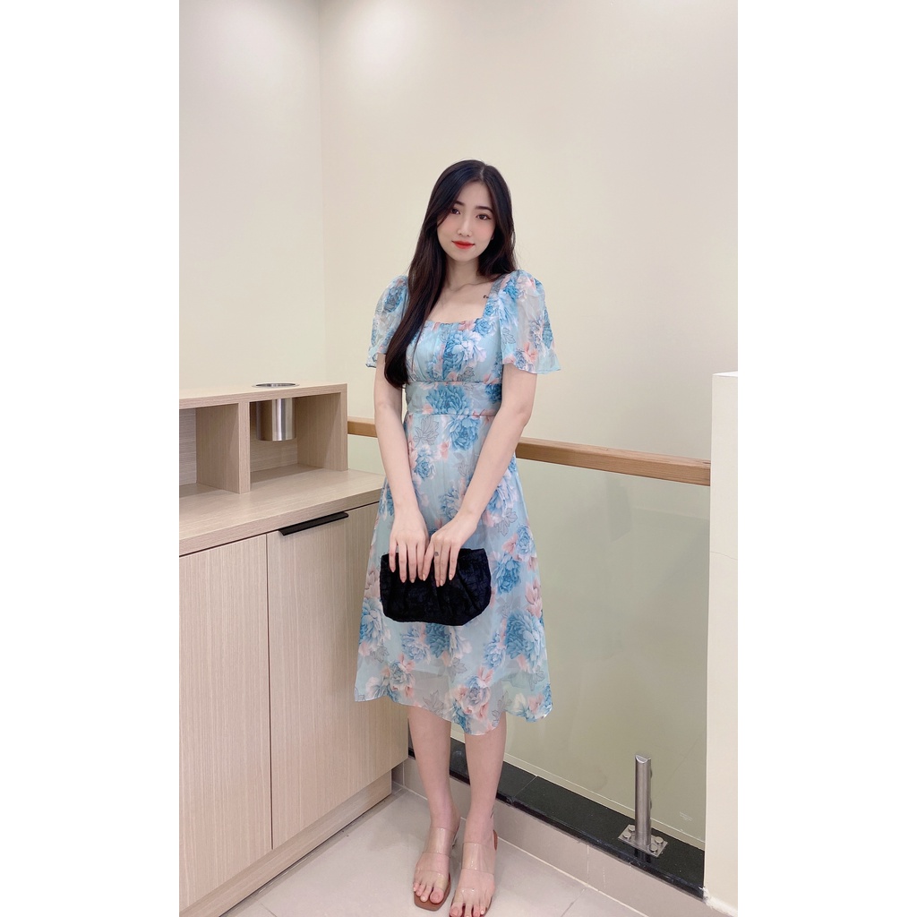 đầm váy nữ thiết kế cổ vuông tay phòng dáng xòe trẻ trung