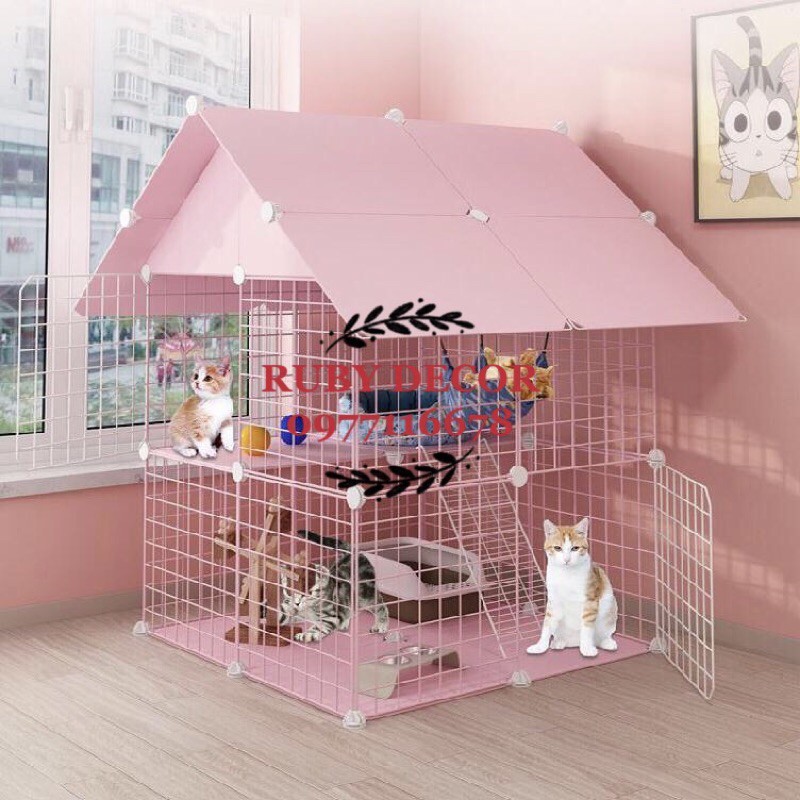 [ TẶNG THANG LƯỚI] LỒNG CHUỒNG QUÂY NUÔI MÈO 2 TẦNG CÓ MÁI CHE ( LƯỚI SẮT PHUN SƠN TĨNH ĐIỆN)
