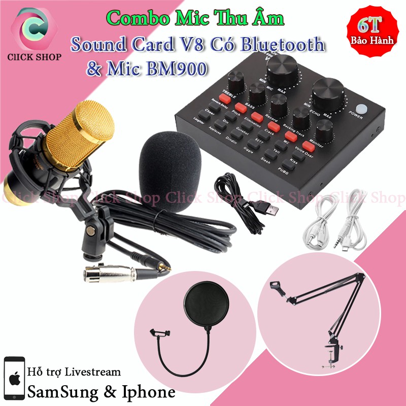 Bộ Mic Thu Âm BM900 và Sound Card V8 có bluetoth - Auto-tune đi Chân Kẹp Bàn Màng Lọc Đã Bao Gồm Dây Livestream