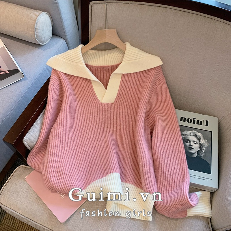 Áo sweater NZN dệt kim dáng rộng màu tương phản thời trang mùa thu cho nữ