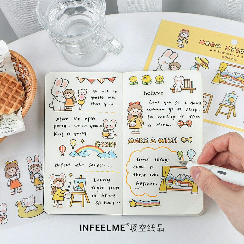 Sét 4 tấm Sticker hình cô gái dễ thương trang trí sổ vở đồ dùng cá nhân