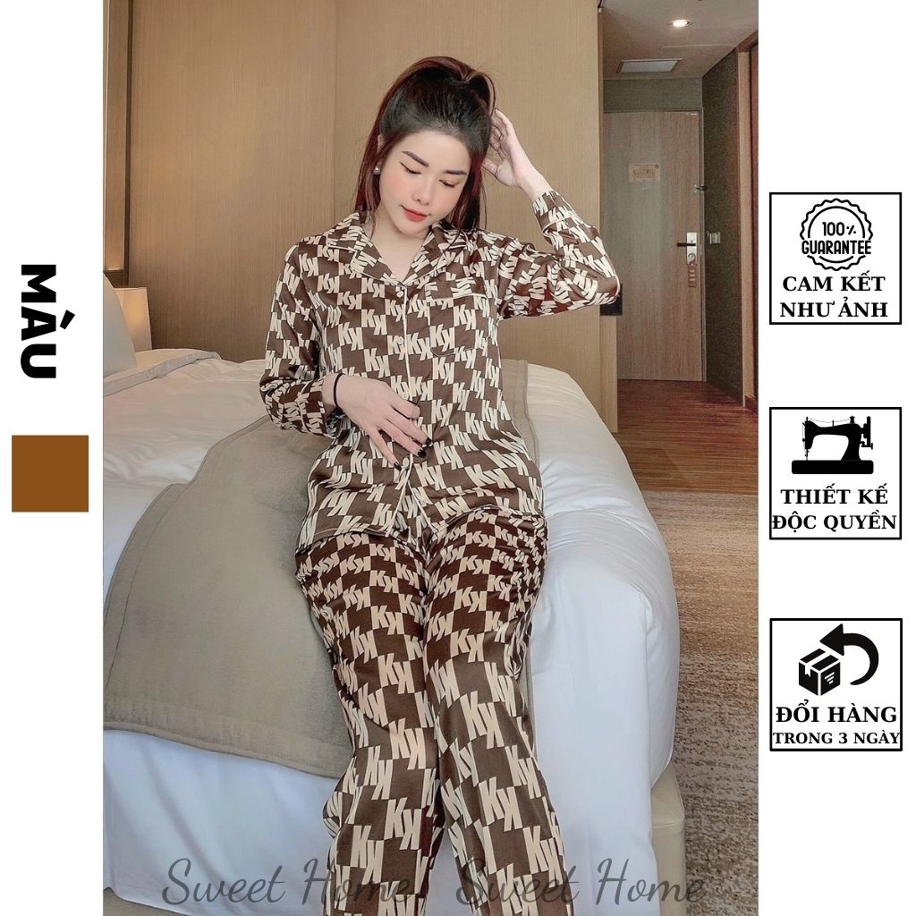 Bộ Ngủ Nữ Dài Tay Vải Lụa Hàn Cao Cấp Siêu Nhẹ Thời Thượng Họa Tiết Chữ D24 SWEET HOME