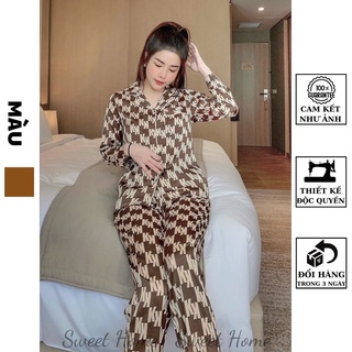 Bộ ngủ nữ dài tay vải lụa hàn cao cấp siêu nhẹ thời thượng họa tiết chữ d24 sweet home