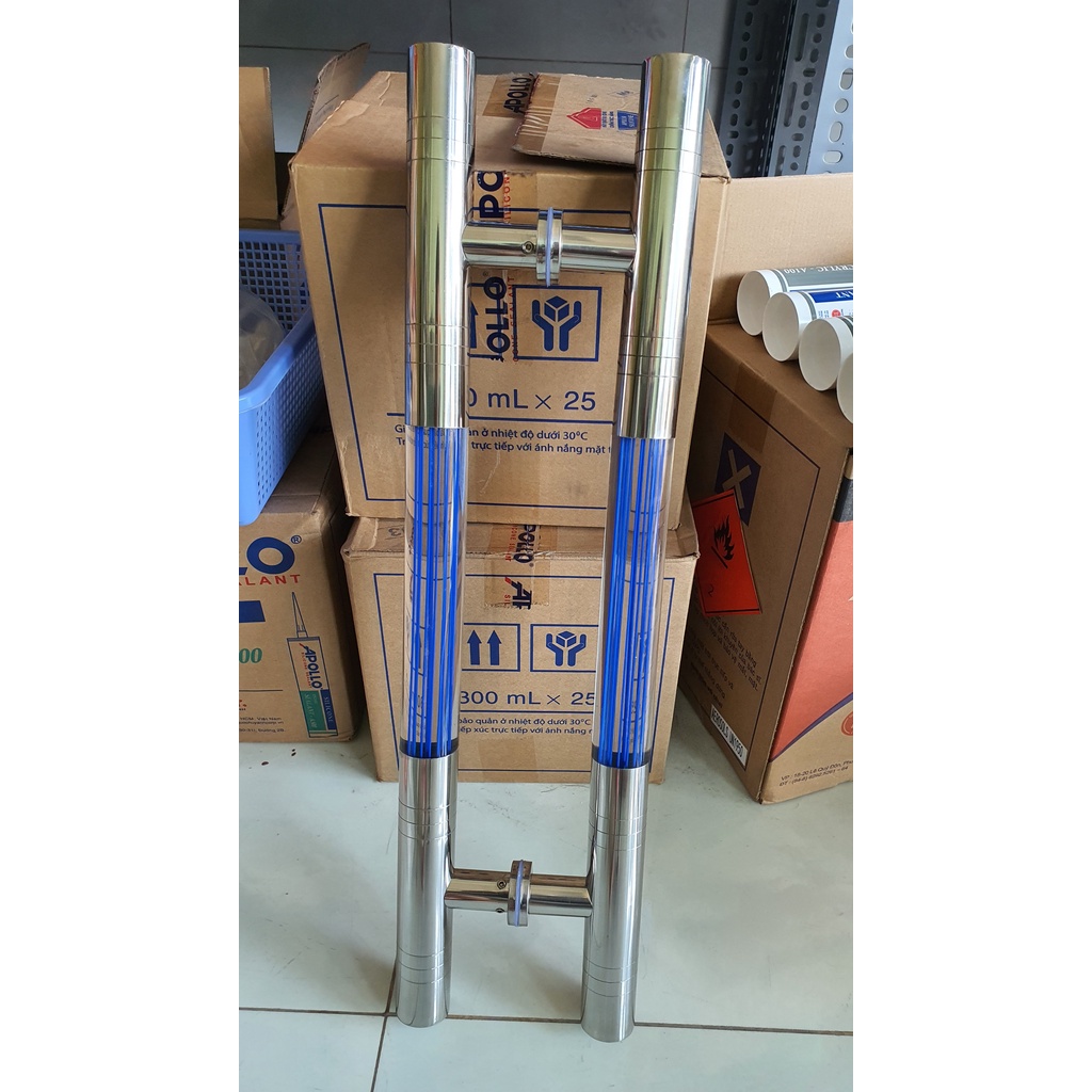 Tay nắm cửa kính cường lực INOX 304, Dài 60cm Tim lỗ 40cm, Phi 38mm, Phi 32mm 2 loại : INOX và Mica sọc xanh