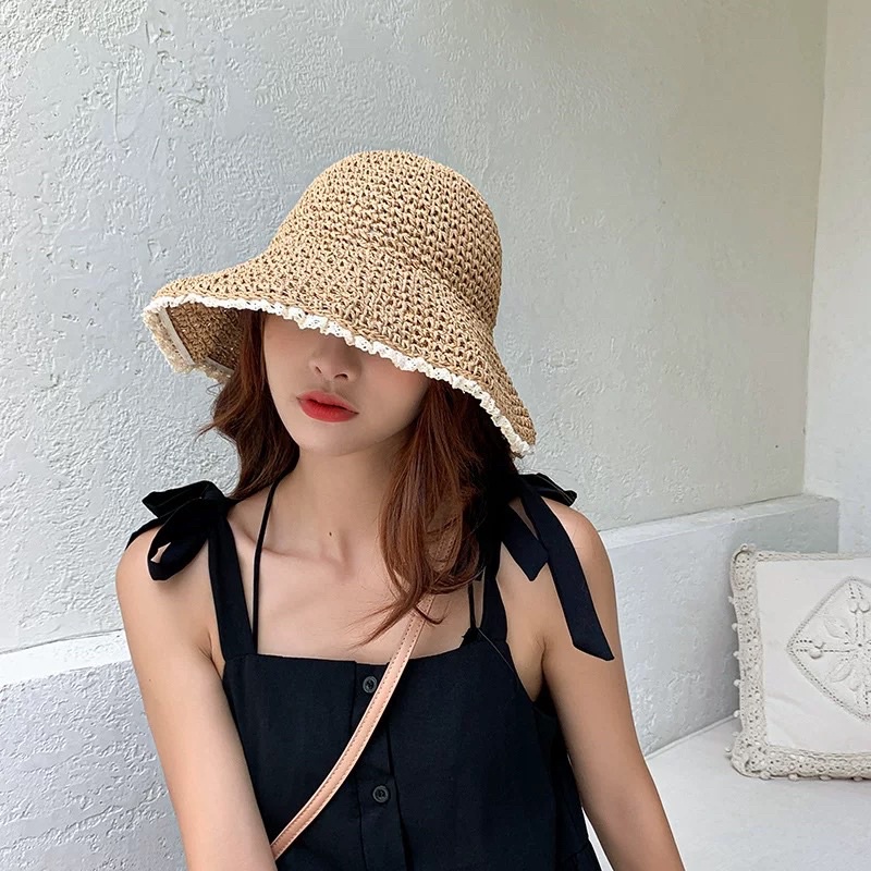 Mũ cói đi biển viền ren gấp gọn