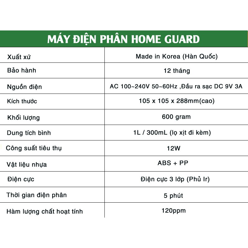 Máy Điện Phân Tạo Nước Khử Trùng, Sát Khuẩn Home Guard - Nhập Khẩu Hàn Quốc