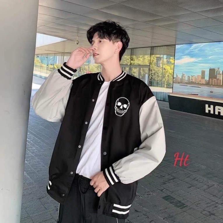 Áo bomber nỉ phối tay đầu lâu phản quang Ht