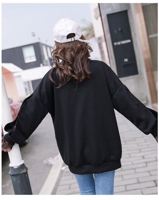 Áo hoodie đen tay cut out phối ren không nón hot trend 2020 hàng QC cao cấp