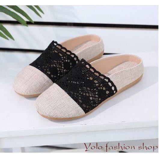 GL8 Giày lười slip on nữ phối ren vintage thời trang kèm hình thật