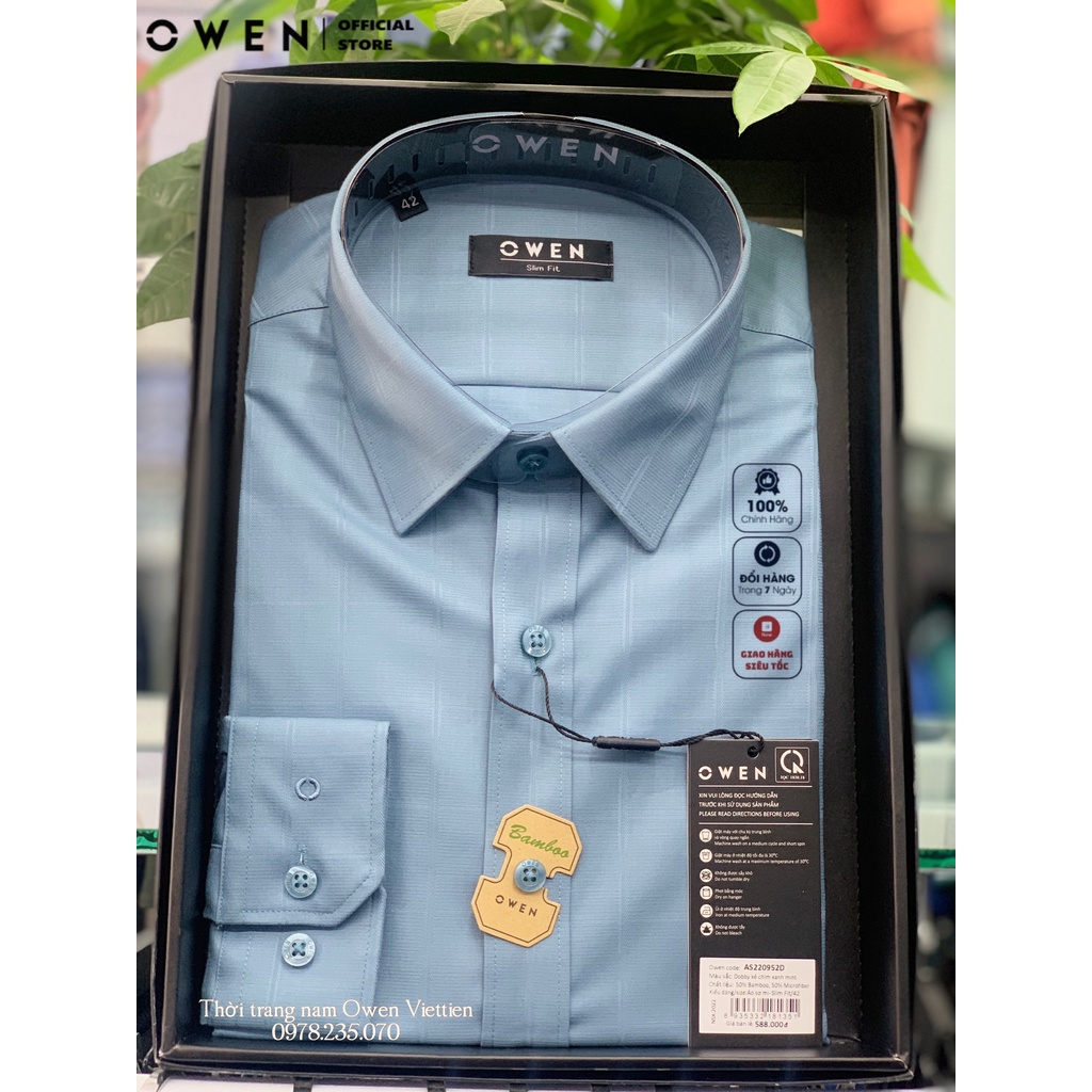 OWEN - Áo sơ mi dài tay kẻ chìm xanh mint Dobby Slimfit 2023