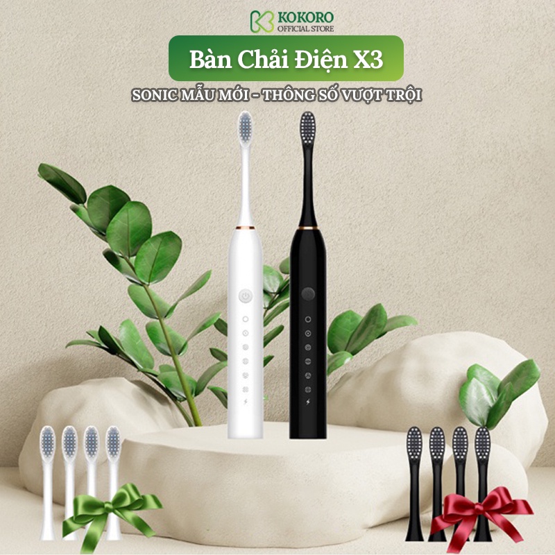 Bàn Chải Điện Sonic Mới, Bàn chải điện X3, Bàn Chải Sạc Pin, Tặng 4 Đầu Chải kèm dây sạc