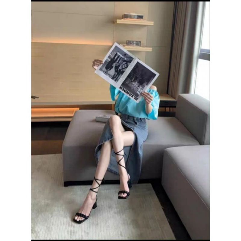Giày sandal nữ cao gót đế vuông 5-7 phân quai quấn cổ chân hottrend 2022 VINA STORE mã S08