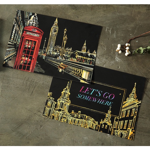 Tranh Bella925 postcard phong cảnh combo 4 tranh cạo khổ A5 tặng kèm 2 bút gỗ