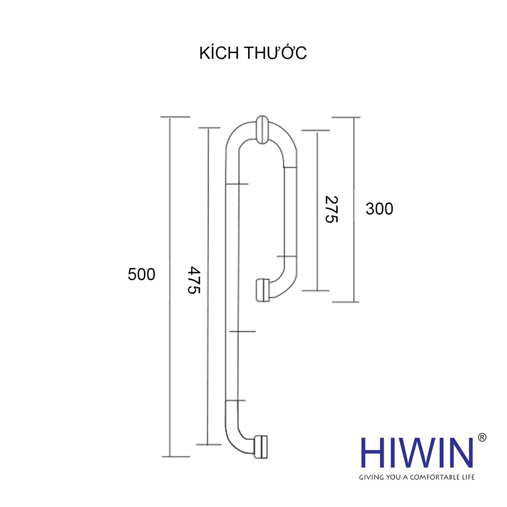 Tay nắm cửa vách tắm kính bo tròn inox 304 chống gỉ mặt mờ Hiwin HD-600 (300*500)