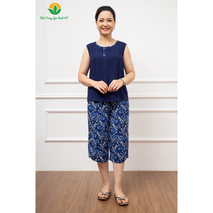 Bộ lanh Việt Thắng quần lửng áo sát nách trung niên phối áo trơn quần họa tiết B05.2208