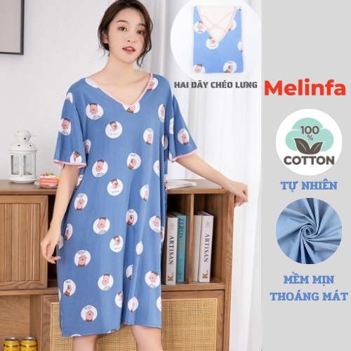 (Xả kho) Váy ngủ ngắn tay vải Cotton lụa tự nhiên thoáng mát mềm mịn, đầm mặc nhà cổ V gợi cảm freesize mã VAV0270