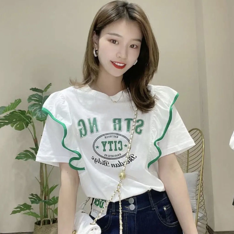 Áo Thun Cotton Tay Ngắn Phối Bèo In Chữ Thời Trang Cho Nữ