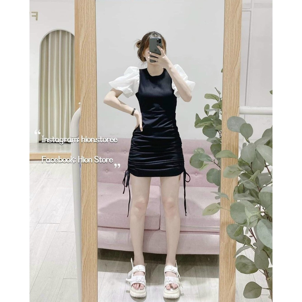Đầm body tay phồng rút dây hai bên hông xinh xắn