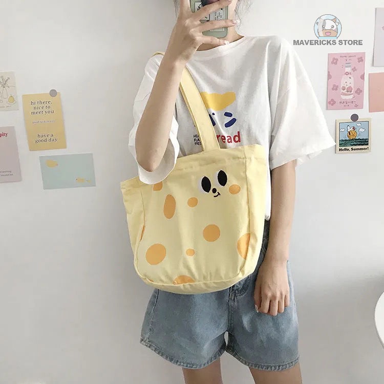 Túi đeo vai bằng vải canvas cỡ lớn in họa tiết màu vàng dễ thương phong cách Nhật Hàn cổ điển dành cho học sinh