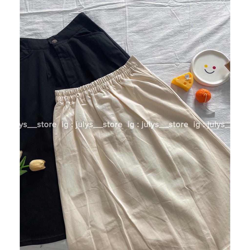 Chân váy kaki dài dáng A lưng chun sau