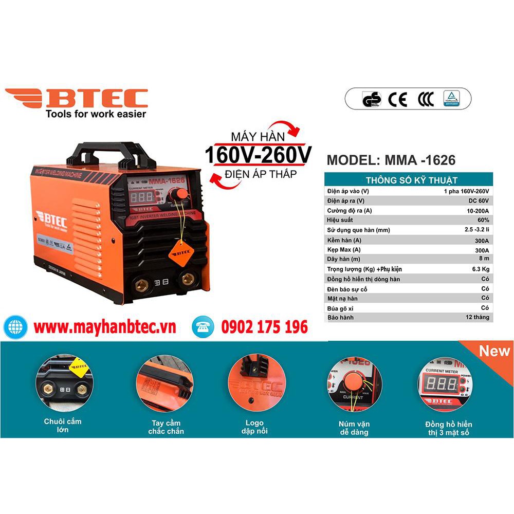 Máy Hàn Điện Tử Dùng Cho Khu Vực Điện Yếu Từ 160V-260V BTEC mã MMA-1626