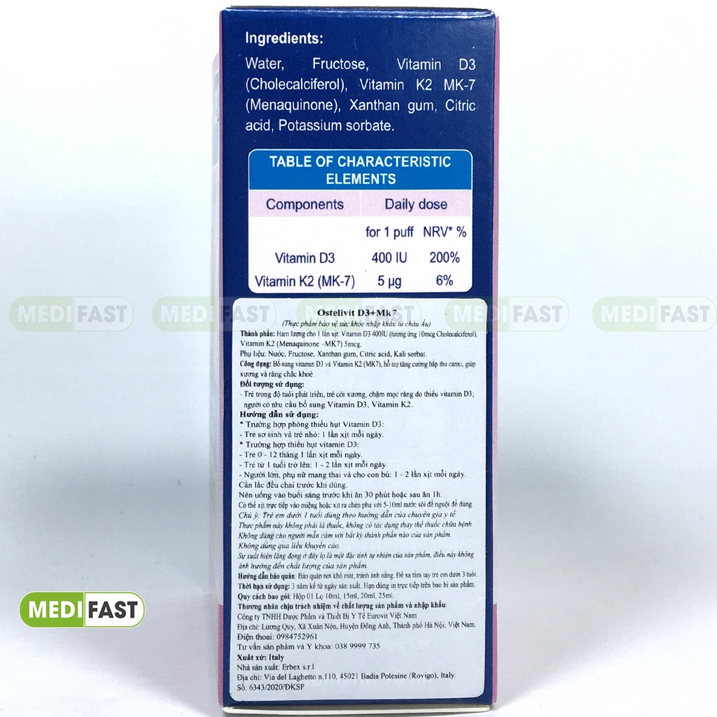 Bổ sung vitamin D3, K2 - Ostelivit D3+MK7 - giúp bé tăng cường hấp thu canxi, xương răng chắc khỏe - Lọ 15 ml từ Ý