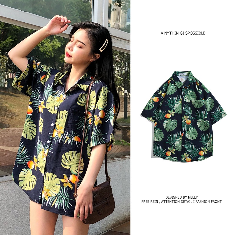 (M-3XL) Áo sơ mi cổ đứng cho nữ, Kem chống nắng có nút cài cổ điển dành cho sinh viên, Chuyến đi biển, Lá rùa