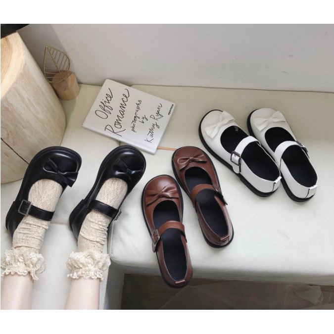 Giày lolita mũi tròn quai dán 3 màu đen - trắng- nâu -TGS-GDOC02