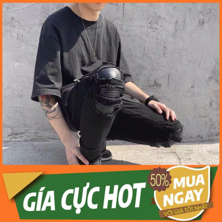 ƯU ĐÃI. QUẢNG CHÂU ODER CHÍNH HÃNG TẬN GỐC quần jean nam rách gối phối da dây khoá kéo biker HOT HOT