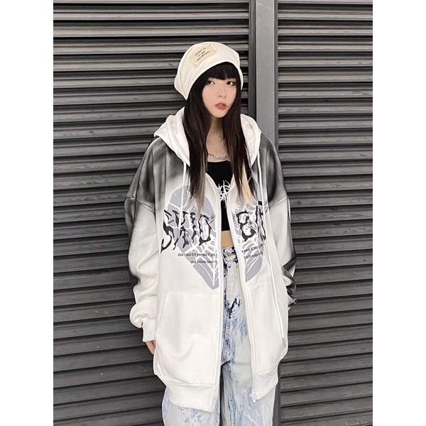 Áo khoác hoodie zip nỉ có mũ hoạ tiết phong cách retro Âu Mỹ