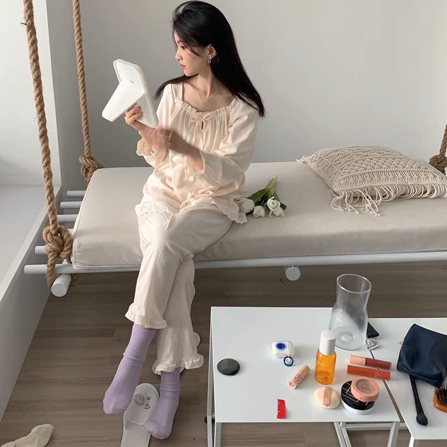 Bộ đồ ngủ tay dài phối ren dáng rộng phong cách hàn quốc thời trang mùa thu cho nữ | BigBuy360 - bigbuy360.vn