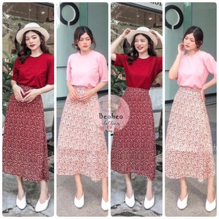 [Ảnh thật] Set áo thun kèm chân váy midi hoa nhí vintage