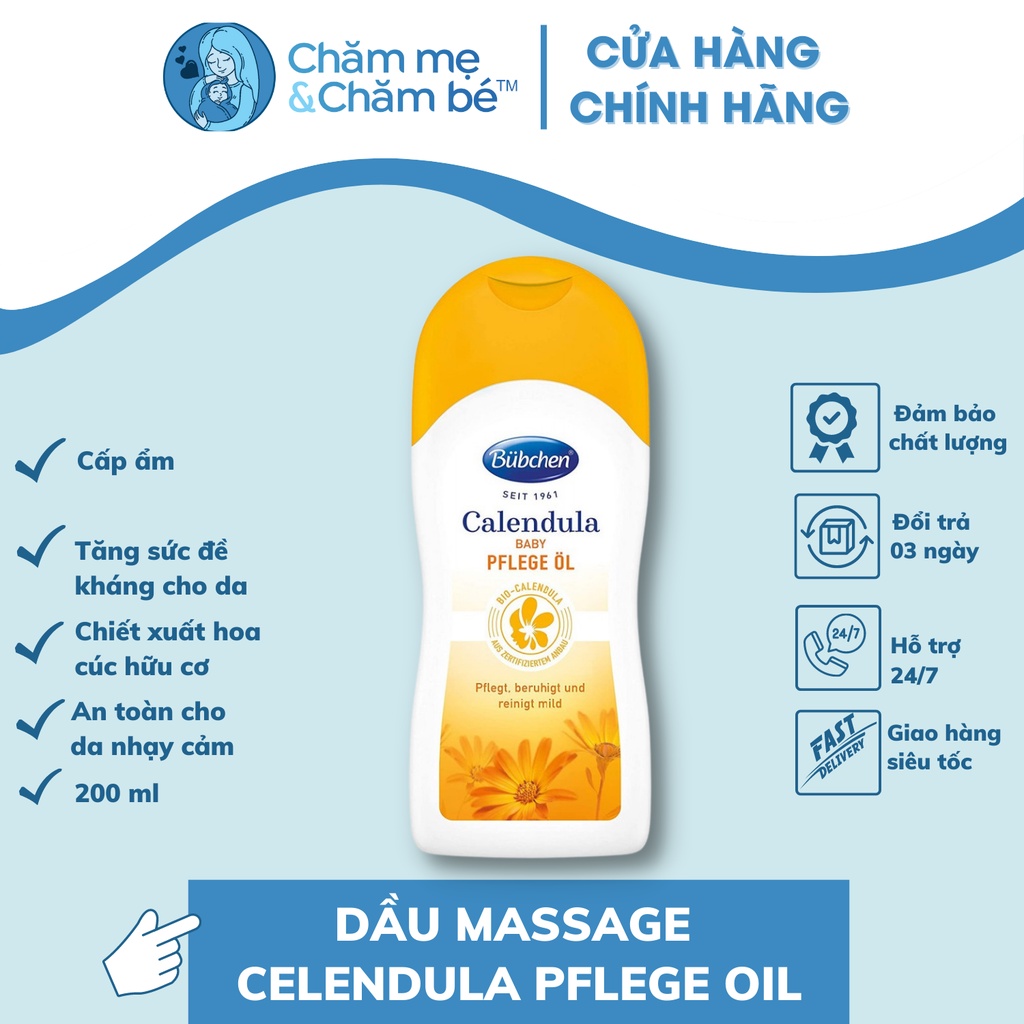 Dầu massage bé Bubchen Calendula Pflege Oil hữu cơ | Chính hãng Bubchen, Đức | Dung tích 200ml | Chăm sóc da bé an toàn