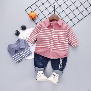 Set áo sơ mi kẻ sọc phối quần jeans đáng yêu cho bé trai
